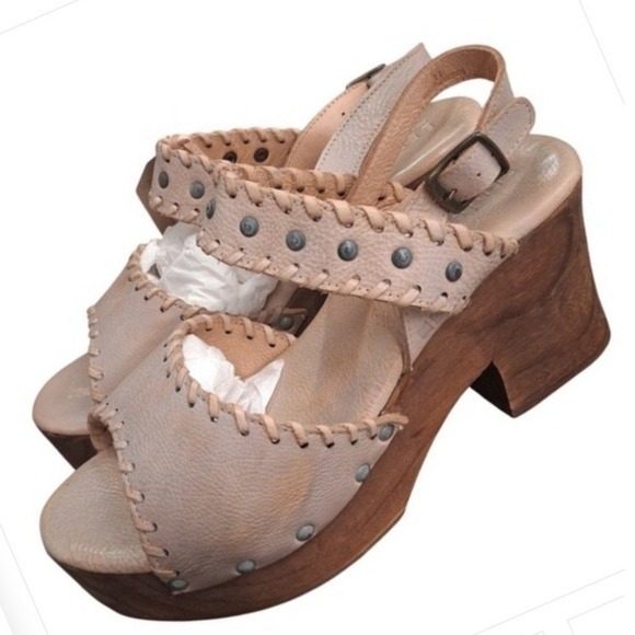 Bed Stu Kampala Leather Platform Chunky Womens size 11 Studded Strap Wood Heel